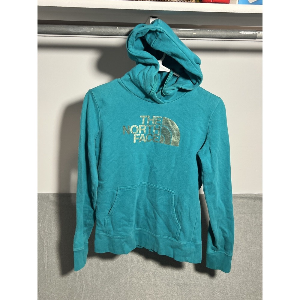 The North Face Women's XS Teal Gold Logo Pullover Hoodie Sweatshirt Activewear